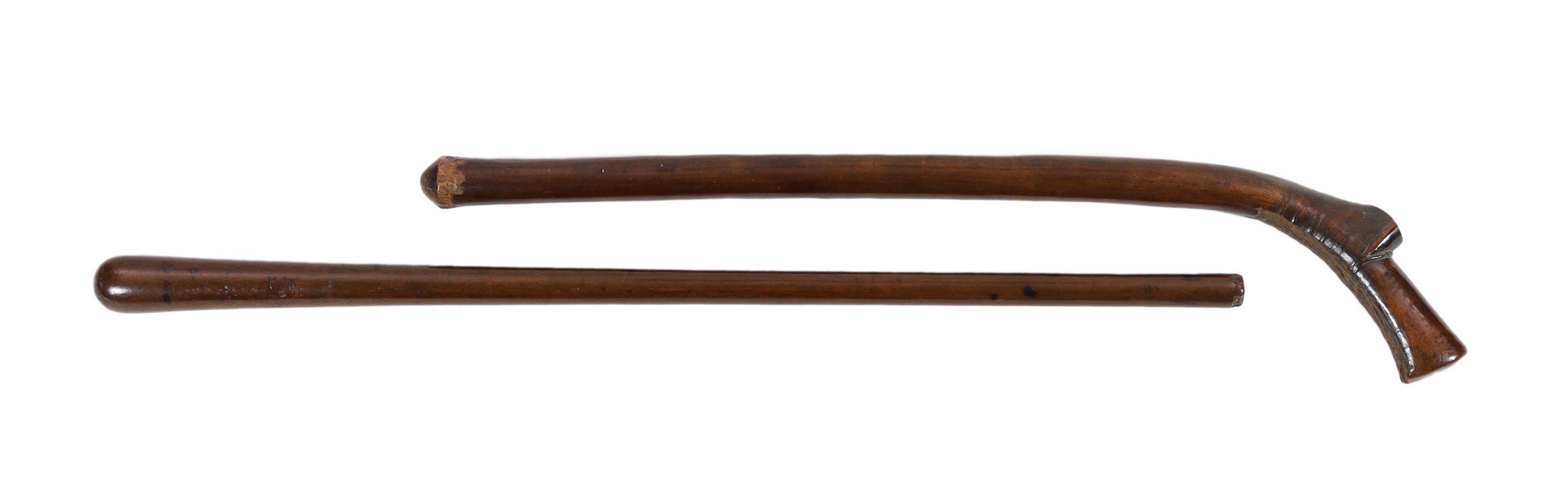 Two Tongan hardwood war clubs, 87cm and 96cm long